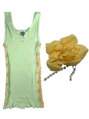 JET by John Eshaya Tank Top Green w Lace, Gingham & Rhinestone Flower Brooch Y2K
